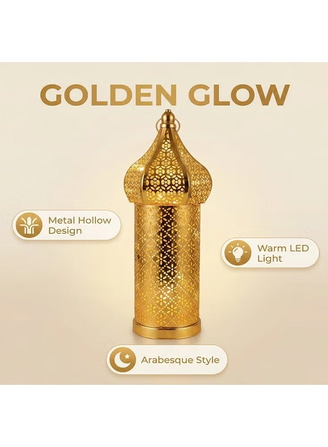 فانوس رمضان وعيد LED مفرغ - إضاءة زخرفية مغربية من الحديد المفرغ تعمل بالبطارية للمنزل، المكتب، غرفة النوم، غرفة المعيشة، للزينة والهدية (ذهبي - حجم متوسط) - Image 4